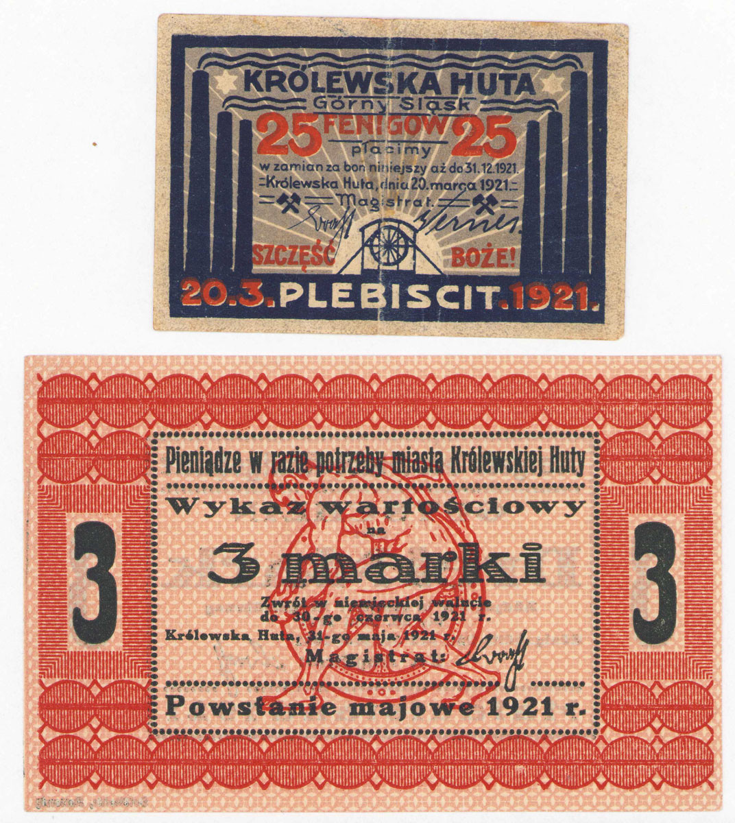 Królewska Huta (Chorzów). 25 fenigów +  3 marki, Powstanie majowe 1921 – 2 szt.